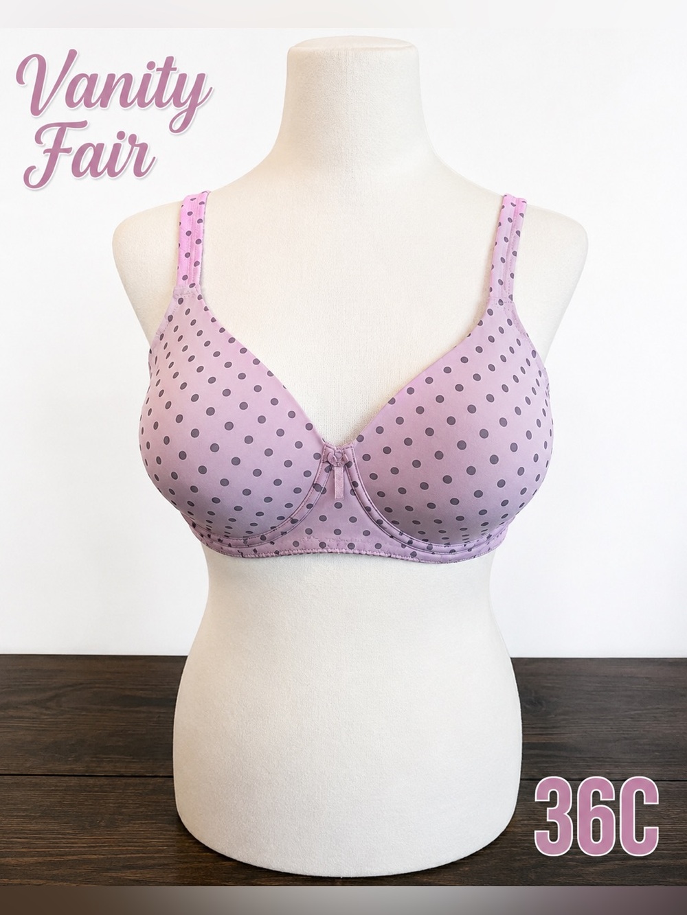 Vanity Fair 36C Purple Gray Polka Dot Wireless Full Coverage Bra